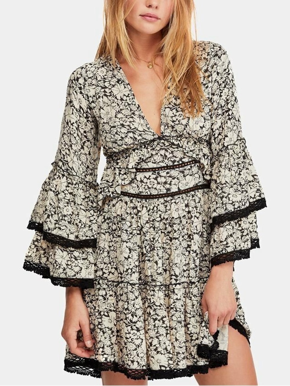 Free People Black and Cream Floral Tiered V-Neck Dress